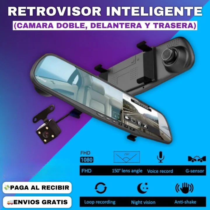 ESPEJO RETROVISOR CON CAMARA FRONTAL Y REVERSO